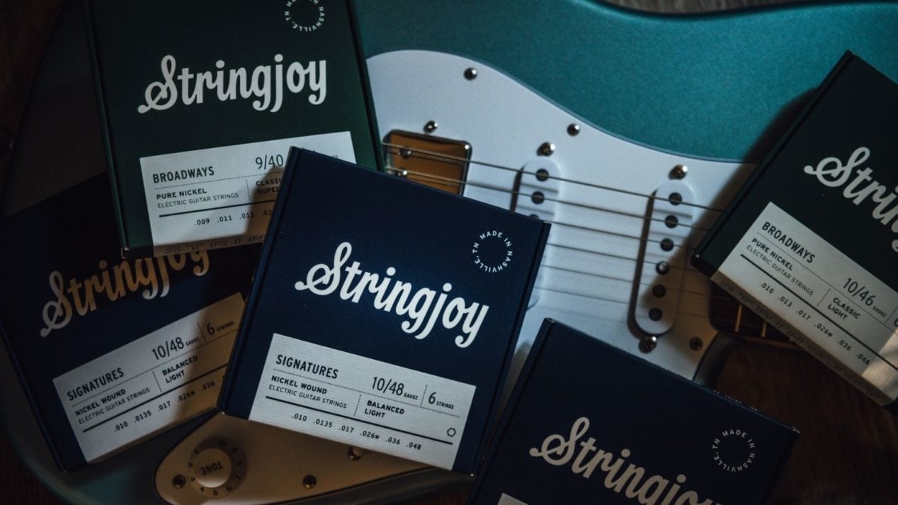 Stringjoy Strings in front of a Fender Stratocaster