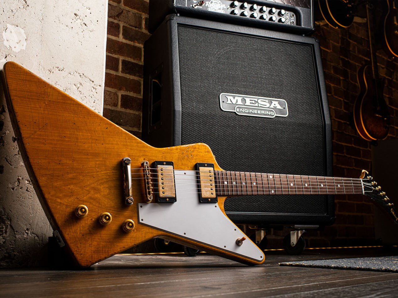 Photo of a Gibson explorer on the floor.